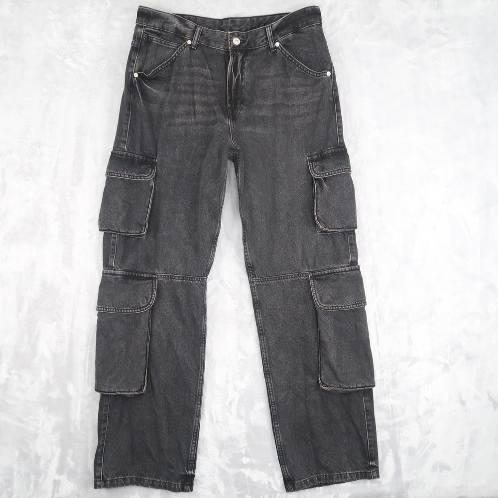 ZARA Cargo Jeans Mens 34 Fits 33x32 Black Wash Multi Pocket Baggy Cargo Utility